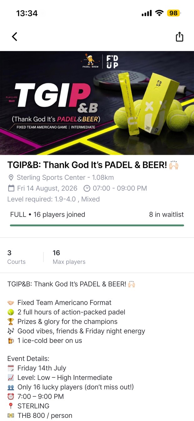 An event page, full with a waitlist
