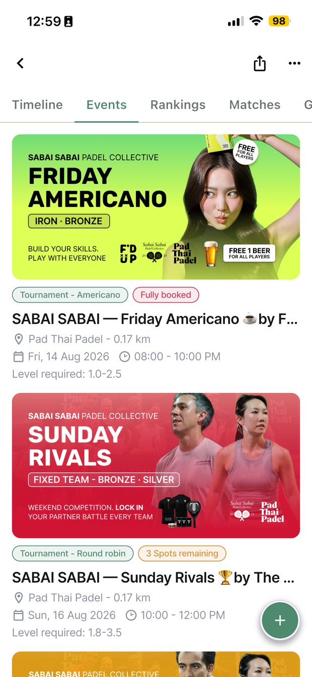 Events listed with level, format and live capacity