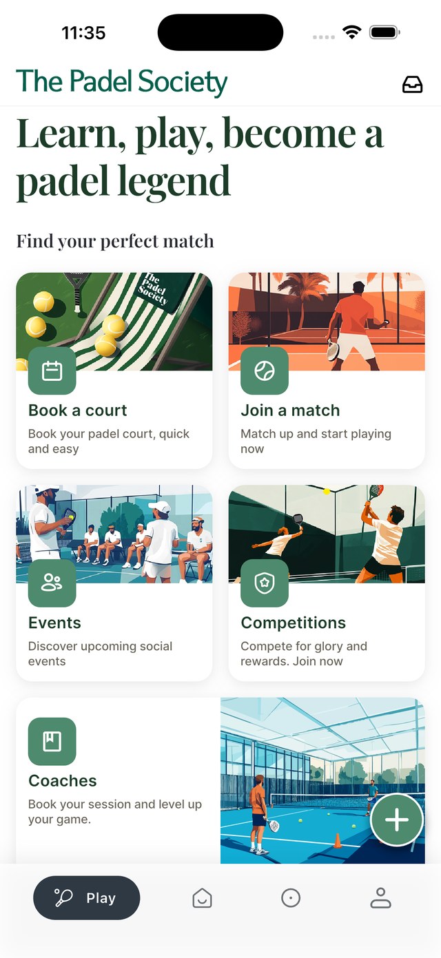The Padel Society app home screen