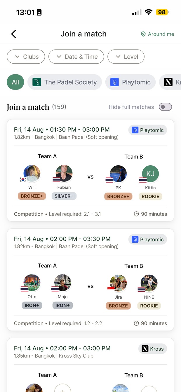 Open matches from The Padel Society, Playtomic and Kross