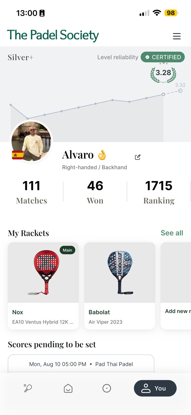 Player profile showing declared rackets