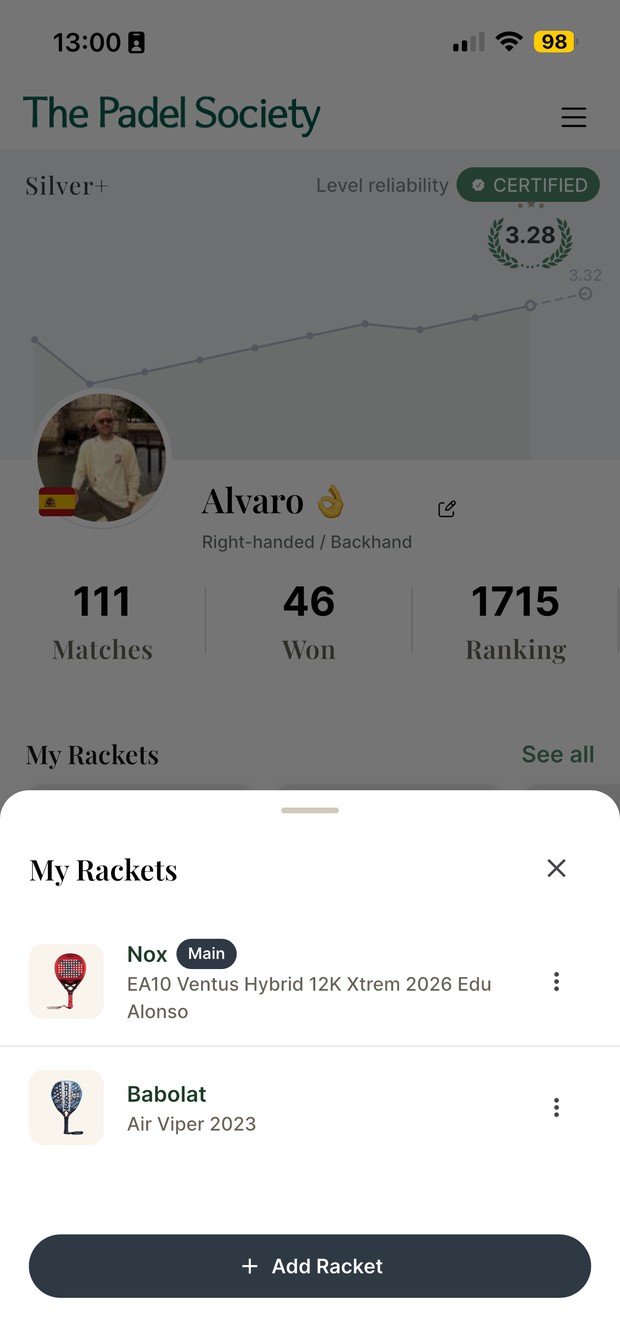 The My Rackets list with Add Racket