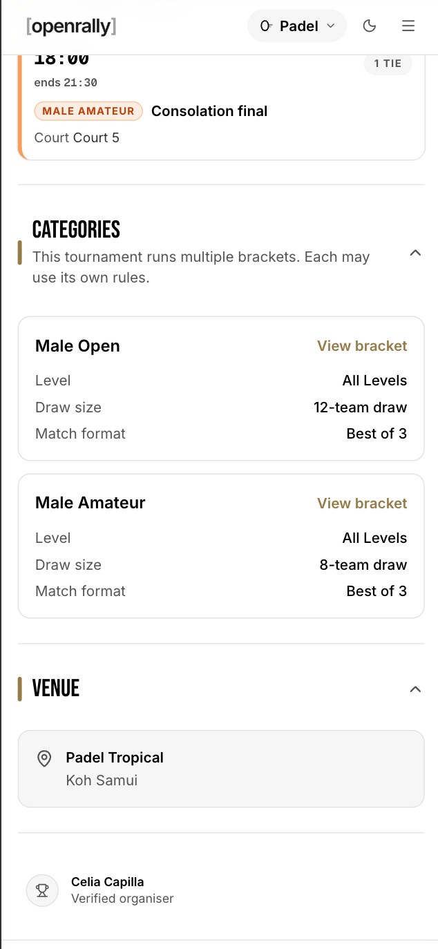 Categories and venue on OpenRally
